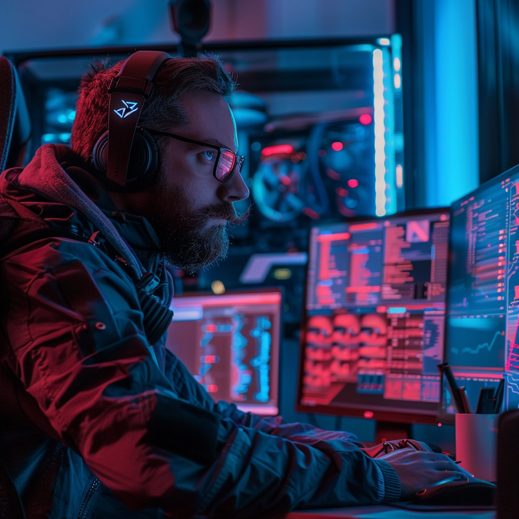 cyber security professional working in front of a multi monitor setup