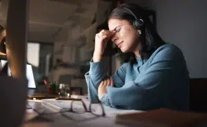 Lady sat at desk with headphones looking pensive