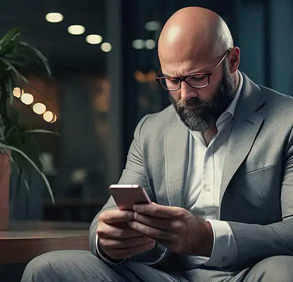 suited man looking anxiously at his phone