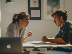 young man and woman in office having and heated discussion